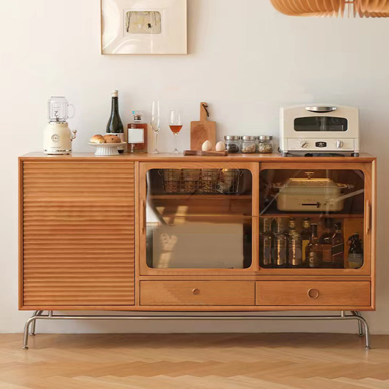 2-drawer Sideboard Table Modern Brown Pine Solid Wood Credenza with Glass Door