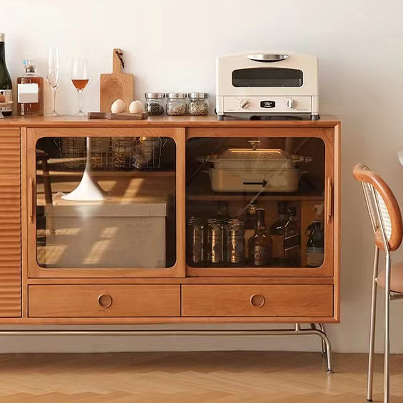 2-drawer Sideboard Table Modern Brown Pine Solid Wood Credenza with Glass Door