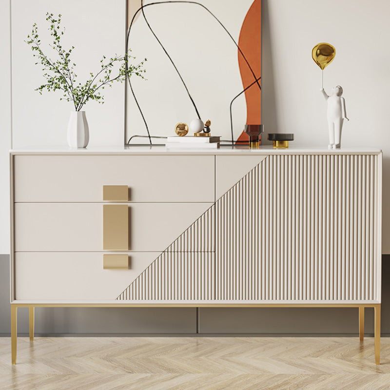 White Sintered Stone Sideboard Glam 3-drawer Credenza with Metal Legs