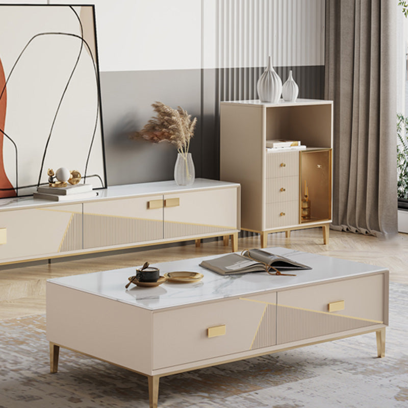 White Sintered Stone Sideboard Glam 3-drawer Credenza with Metal Legs