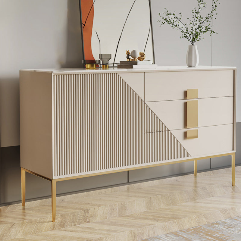 White Sintered Stone Sideboard Glam 3-drawer Credenza with Metal Legs