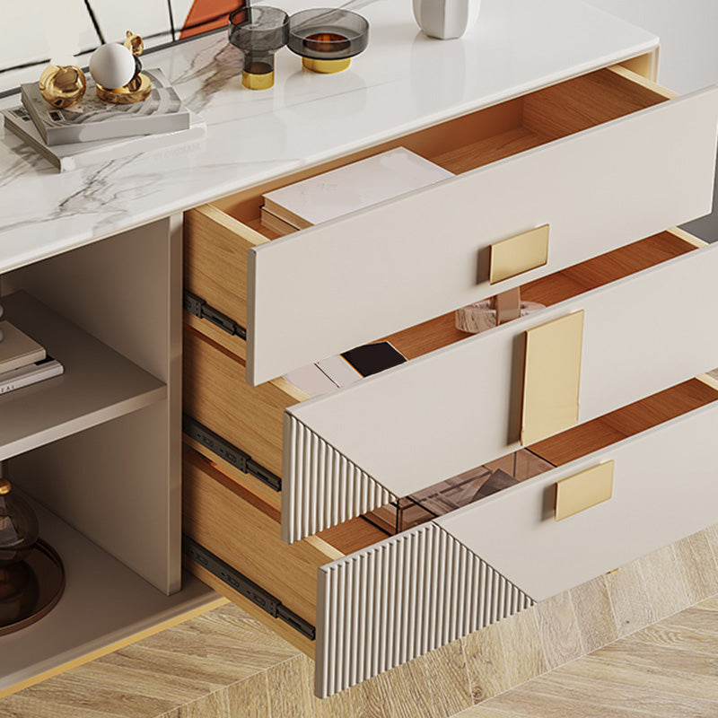 White Sintered Stone Sideboard Glam 3-drawer Credenza with Metal Legs