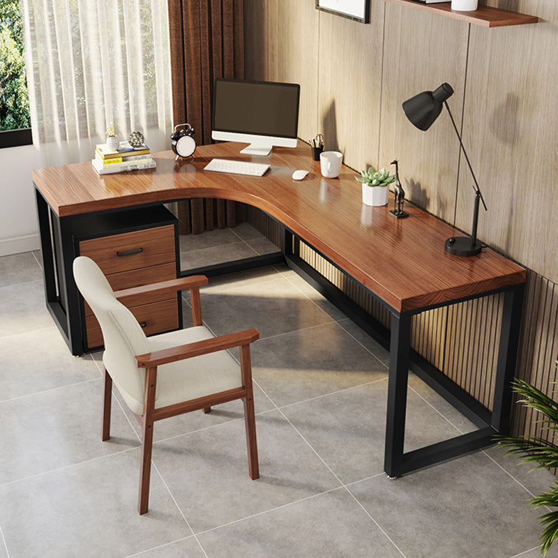 Modern L-Shape Office Desk Brown Writing Desk with Metal Legs