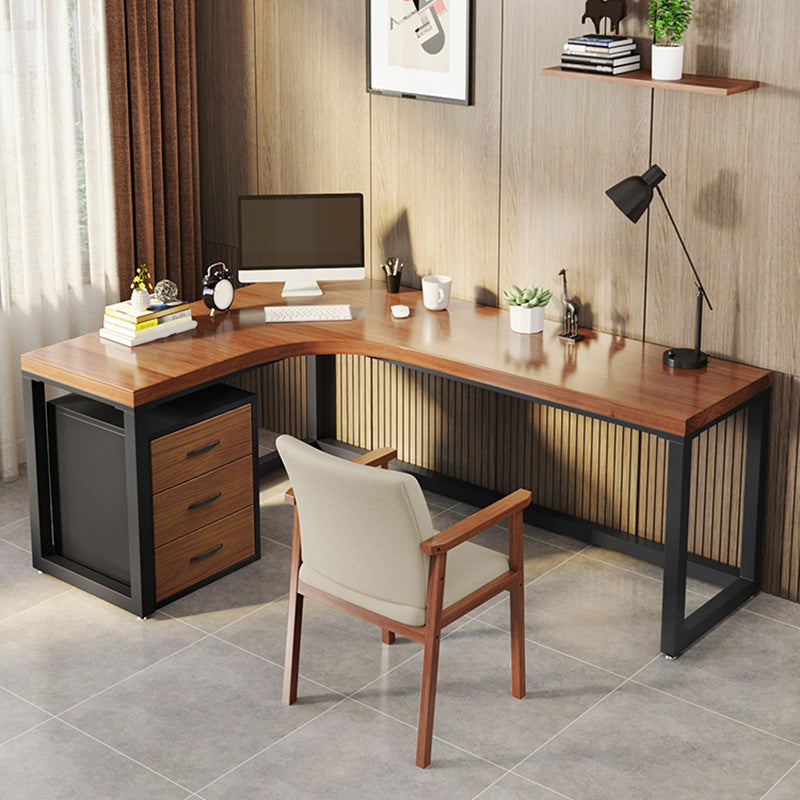 Modern L-Shape Office Desk Brown Writing Desk with Metal Legs