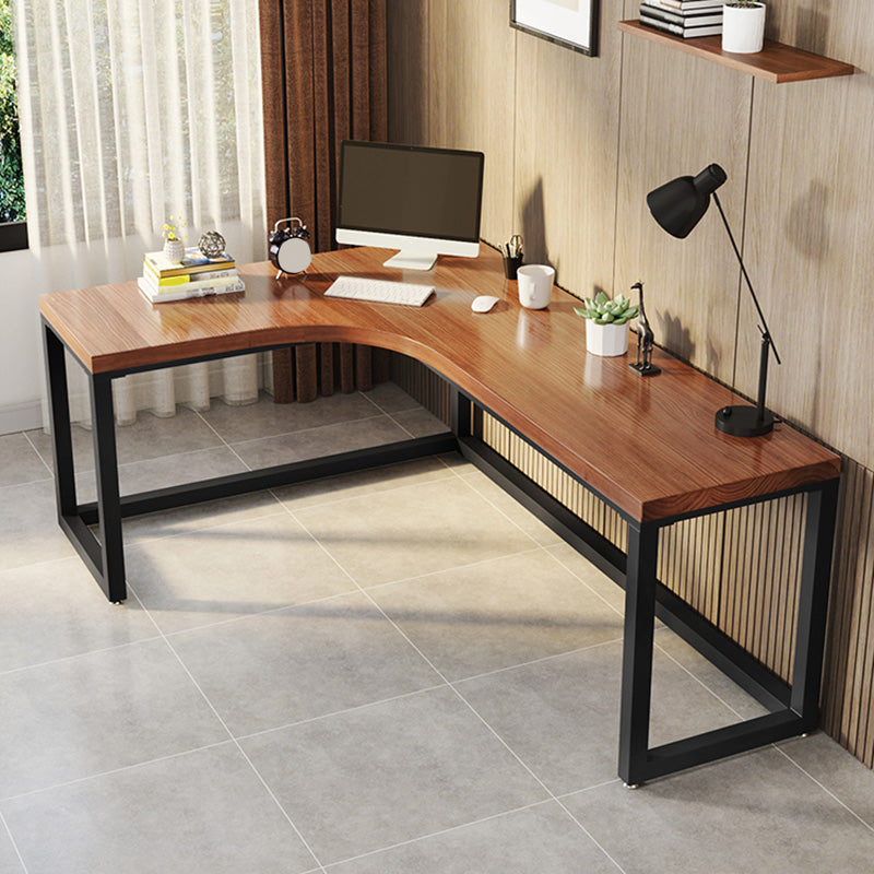 Modern L-Shape Office Desk Brown Writing Desk with Metal Legs