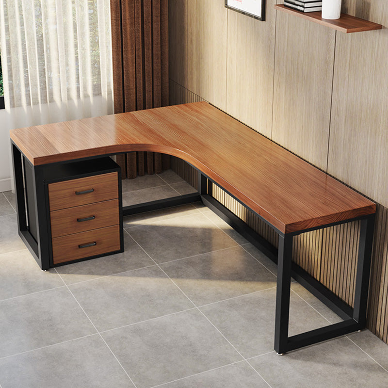 Modern L-Shape Office Desk Brown Writing Desk with Metal Legs