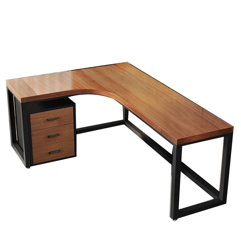 Modern L-Shape Office Desk Brown Writing Desk with Metal Legs