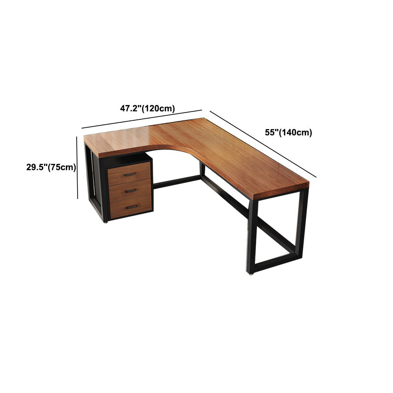 Modern L-Shape Office Desk Brown Writing Desk with Metal Legs