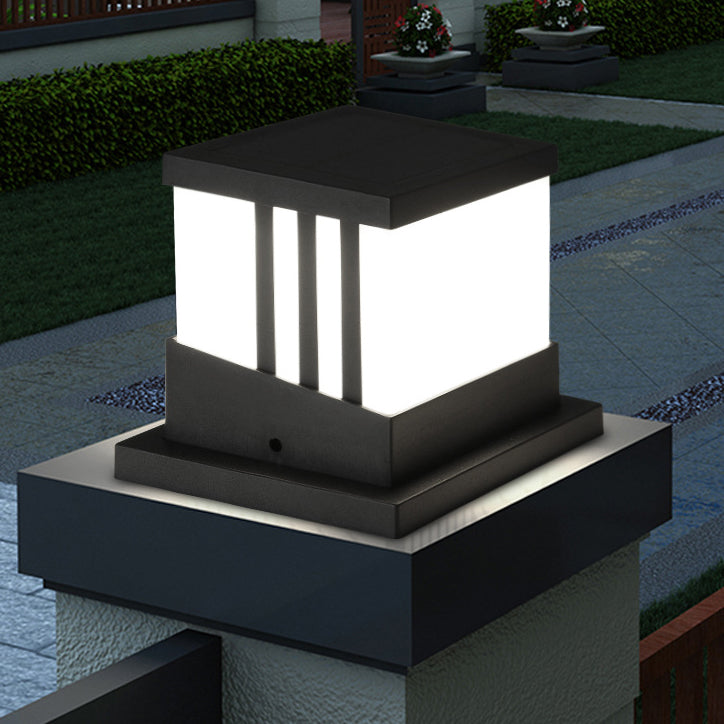 Solar Square Outdoor Lights Black Metal Waterproof Pillar Lamp for Garden