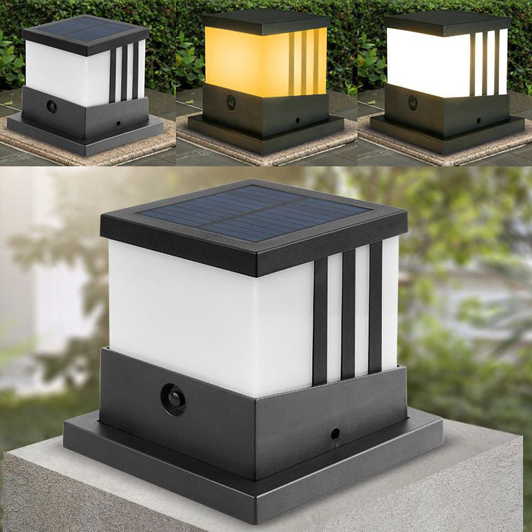 Solar Square Outdoor Lights Black Metal Waterproof Pillar Lamp for Garden