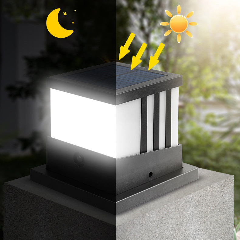 Solar Square Outdoor Lights Black Metal Waterproof Pillar Lamp for Garden