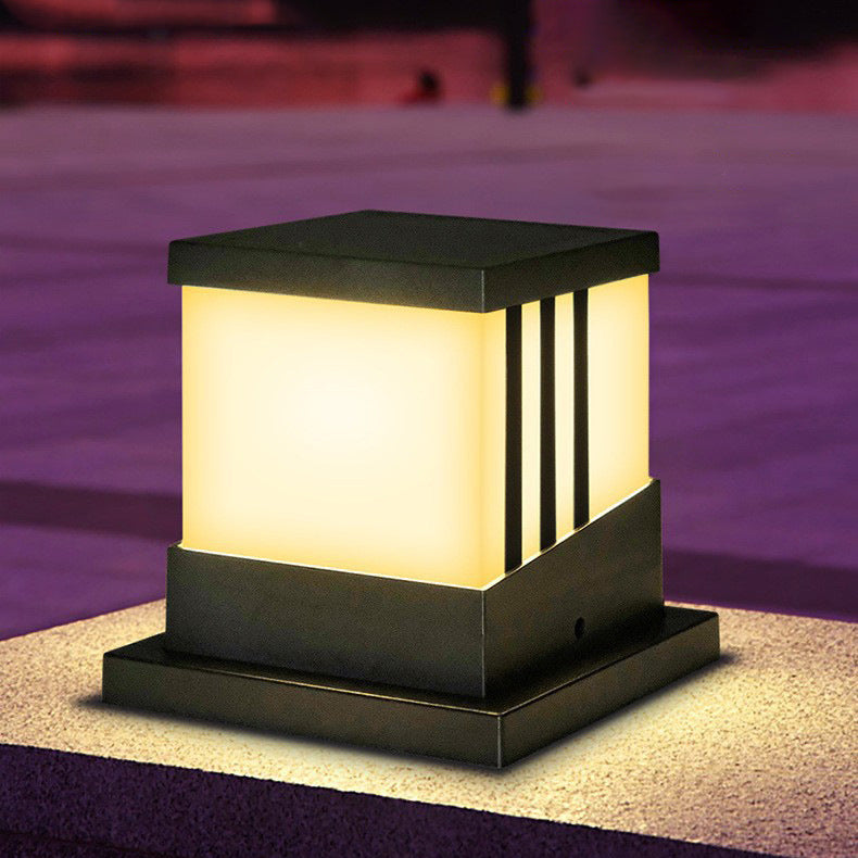 Solar Square Outdoor Lights Black Metal Waterproof Pillar Lamp for Garden