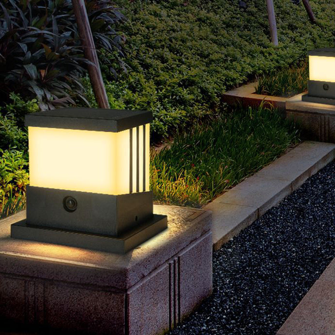 Solar Square Outdoor Lights Black Metal Waterproof Pillar Lamp for Garden