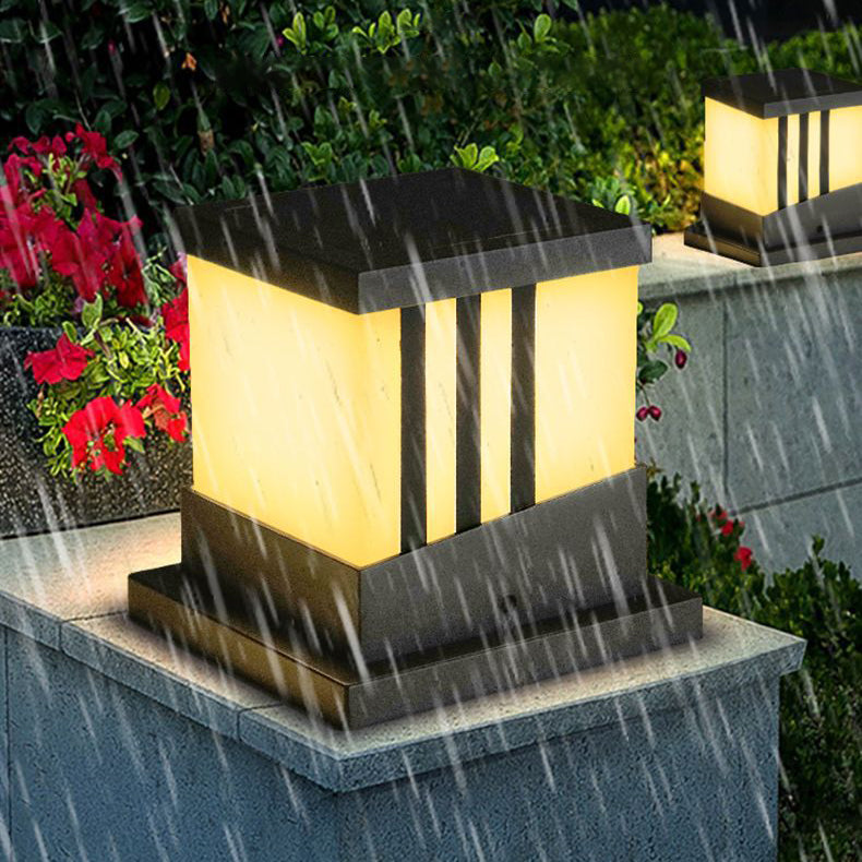 Solar Square Outdoor Lights Black Metal Waterproof Pillar Lamp for Garden