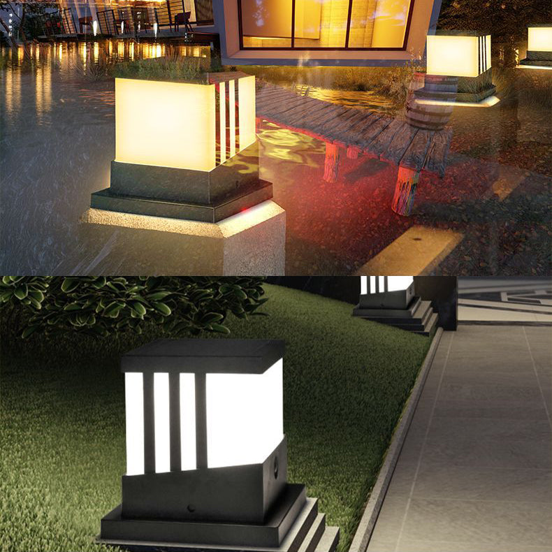 Solar Square Outdoor Lights Black Metal Waterproof Pillar Lamp for Garden