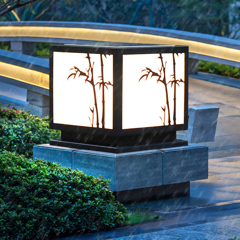 Solar Square Outdoor Lights Black Metal Pillar Lamp with Acrylic Shade for Garden