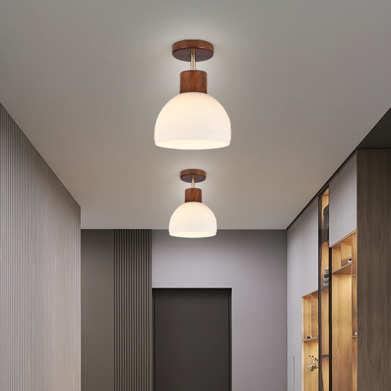 Glass Shaded Ceiling Light Modernism Wood Flush Mount Lighting for Home