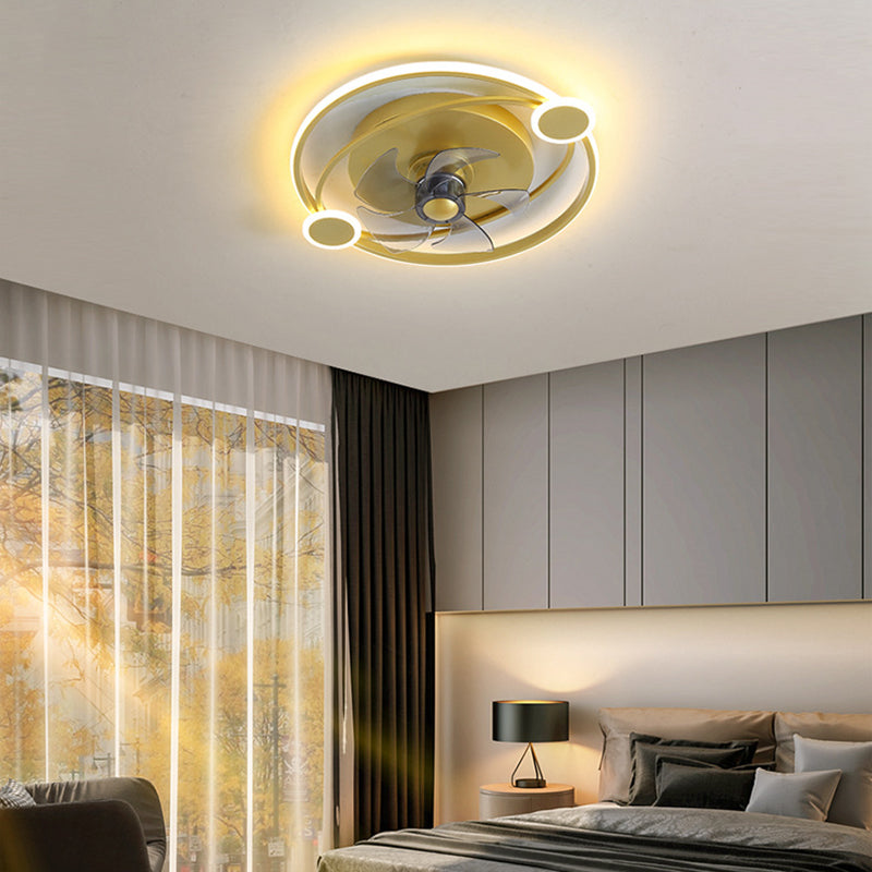 7-Blade Contemporary Ceiling Fan Golden LED Fan with Light for Foyer