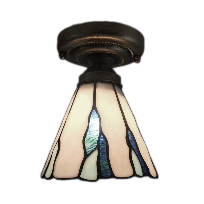 Stained Glass Conical Flush Light Tiffany 1 Light Flush Ceiling Light in White/Beige/Blue-White for Bedroom Lighting