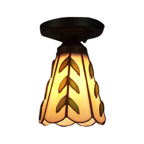 Stained Glass Conical Flush Light Tiffany 1 Light Flush Ceiling Light in White/Beige/Blue-White for Bedroom Lighting