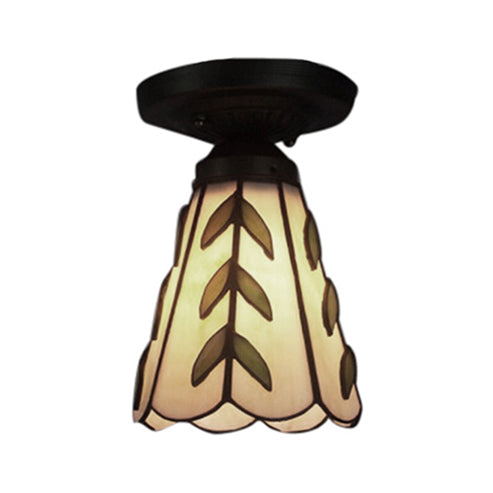 Stained Glass Conical Flush Light Tiffany 1 Light Flush Ceiling Light in White/Beige/Blue-White for Bedroom Lighting