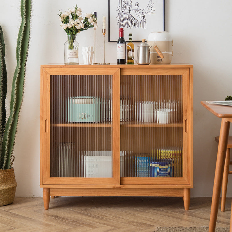 Mid-Century Modern Cabinet with Glass Doors Pine Wood Cabinet