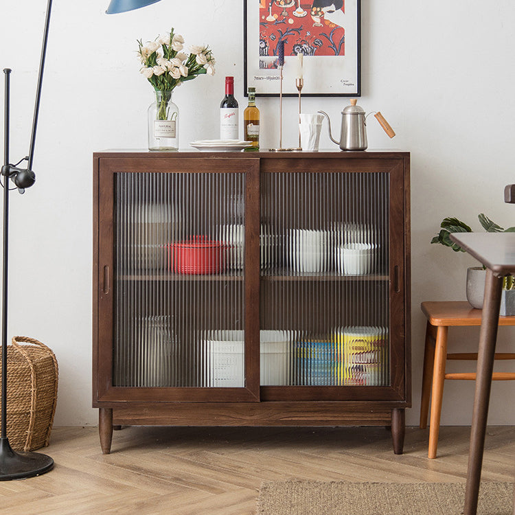 Mid-Century Modern Cabinet with Glass Doors Pine Wood Cabinet