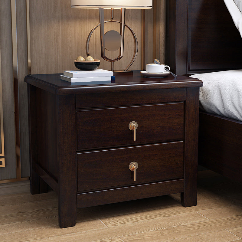 2 Drawers Night Table Contemporary Solid Wood Nightstand Espresso Wood