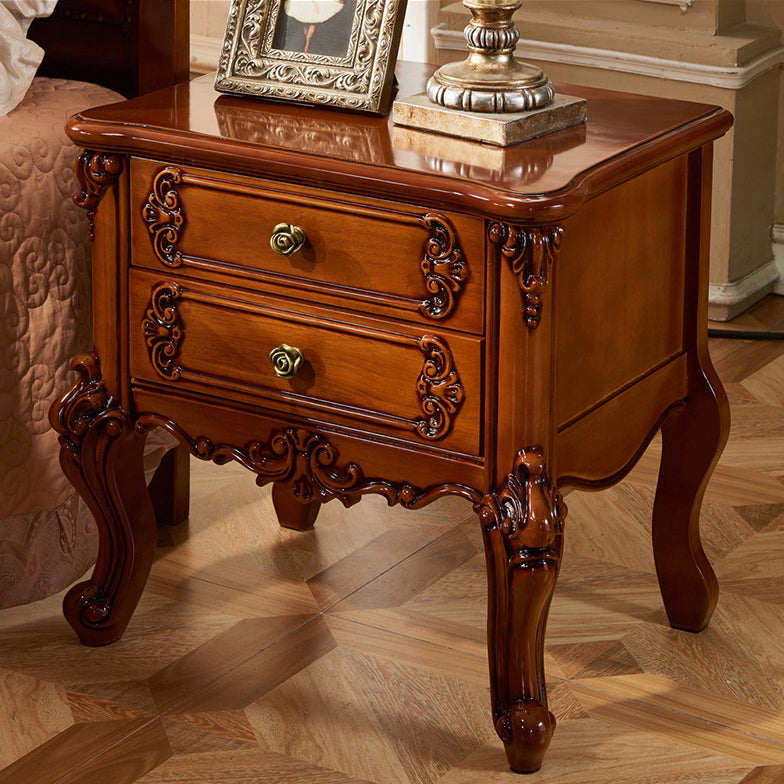 Traditional Night Table Red Wood Accent Table Nightstand with 2 Drawers