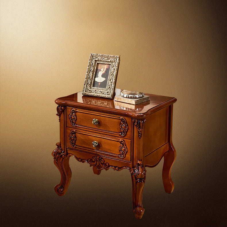 Traditional Night Table Red Wood Accent Table Nightstand with 2 Drawers