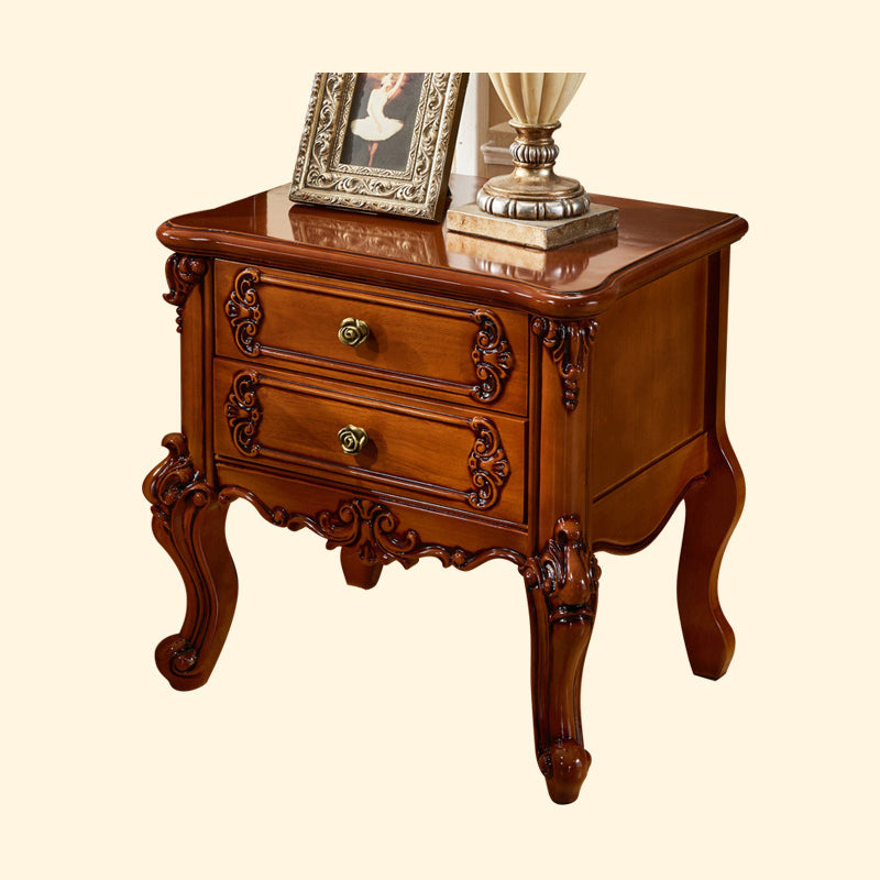 Traditional Night Table Red Wood Accent Table Nightstand with 2 Drawers