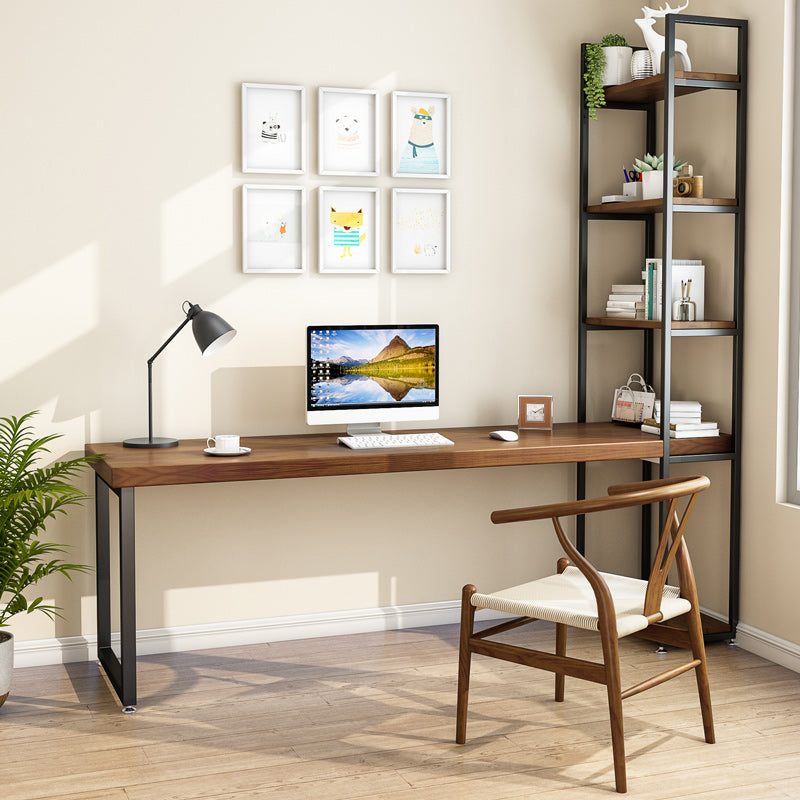 Brown Solid Wood Writing Desk Industrial Metal Legs Office Desk