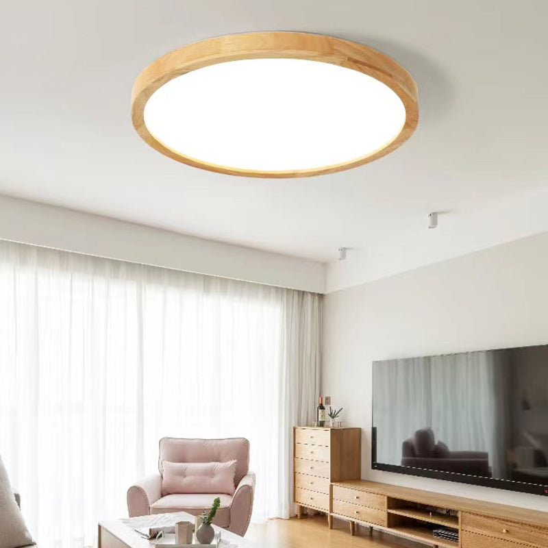 Round Shape Wood Flush Ceiling Light Modern 1 Light Flush Mount Light Fixture in Brown