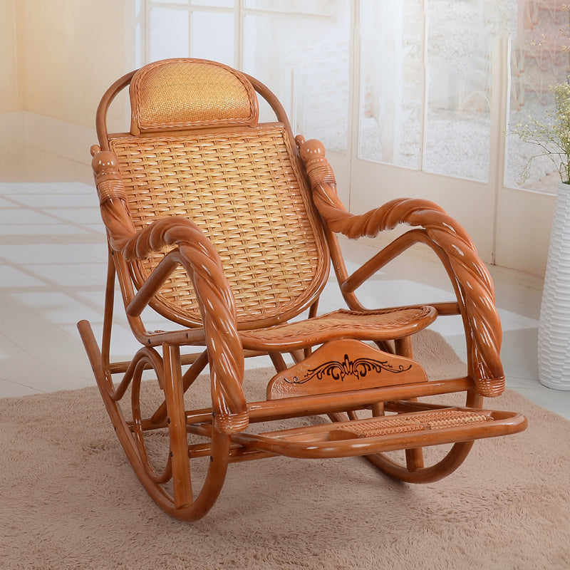 Vintage Recliner Chair Solid Wood Rattan Detail Indoor Rocking Chair