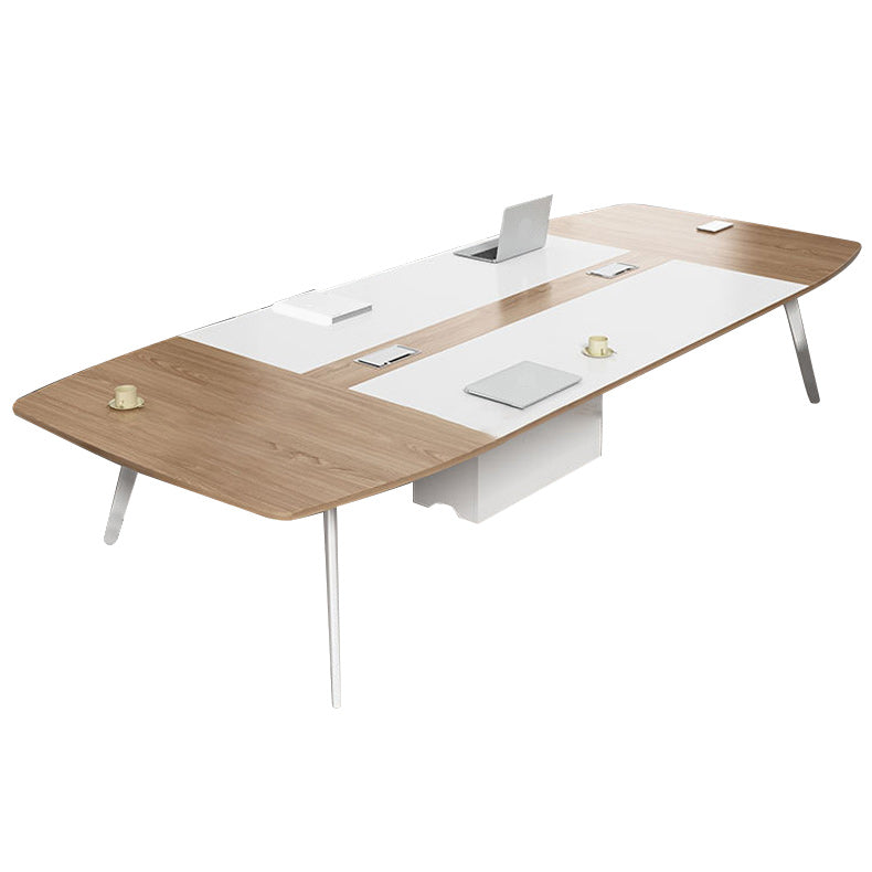 Artificial Wood Writing Desk Curved Industrial Office Desk in White and Natural