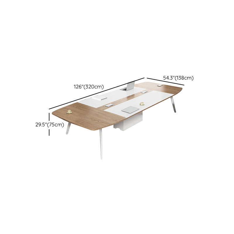 Artificial Wood Writing Desk Curved Industrial Office Desk in White and Natural