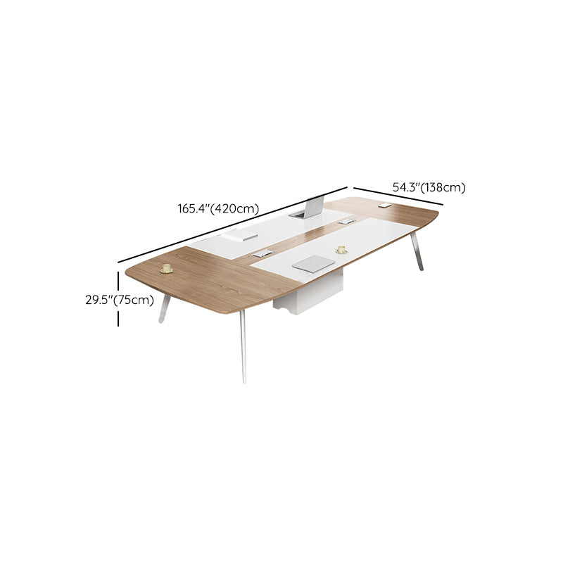 Artificial Wood Writing Desk Curved Industrial Office Desk in White and Natural