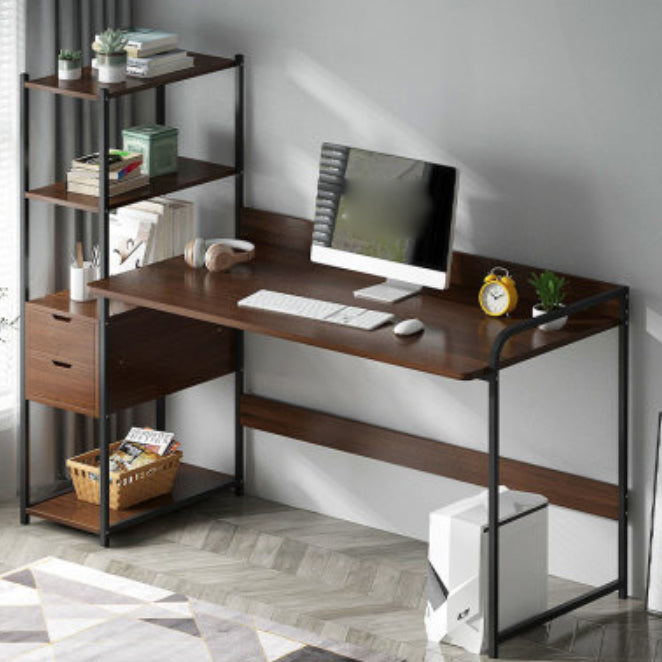 Metal and Wood Writing Desk Contemporary Corner Bedroom Office Desk with Bookshelf