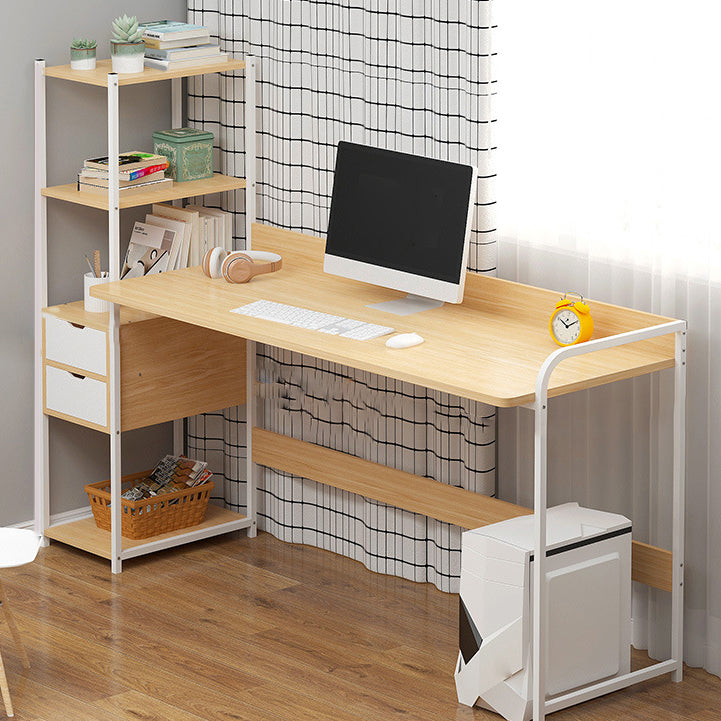 Metal and Wood Writing Desk Contemporary Corner Bedroom Office Desk with Bookshelf