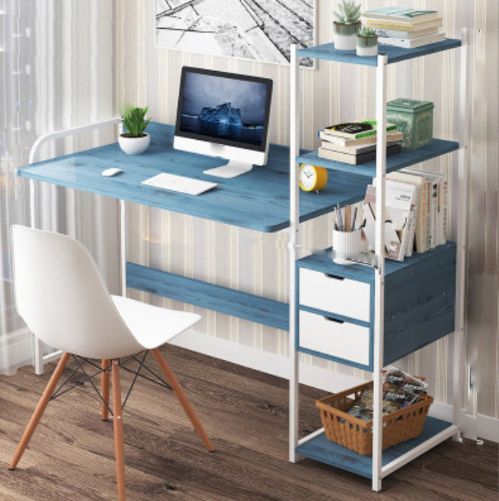 Metal and Wood Writing Desk Contemporary Corner Bedroom Office Desk with Bookshelf