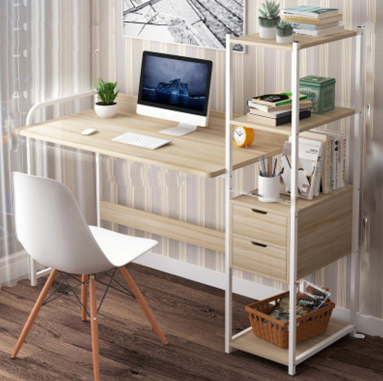 Metal and Wood Writing Desk Contemporary Corner Bedroom Office Desk with Bookshelf