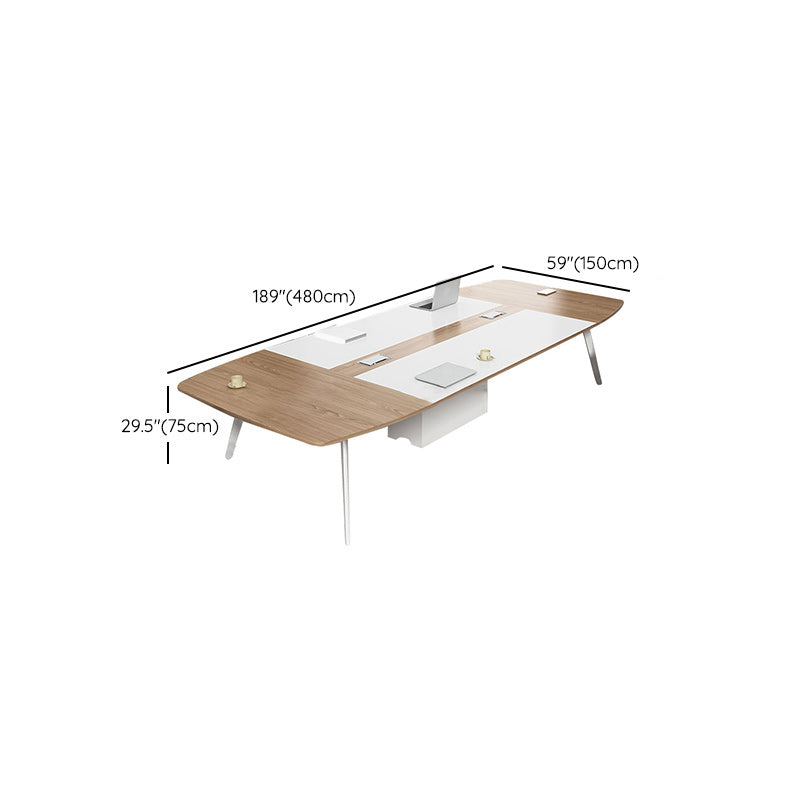 Artificial Wood Writing Desk Curved Industrial Office Desk in White and Natural