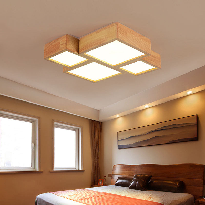 Modern Style Square Shape Flush Mount 4-Lights Wood Ceiling Light for Bedroom