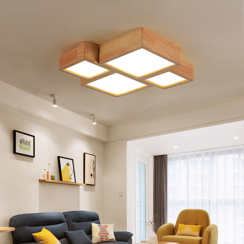 Modern Style Square Shape Flush Mount 4-Lights Wood Ceiling Light for Bedroom