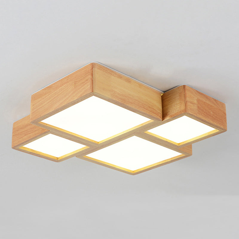 Modern Style Square Shape Flush Mount 4-Lights Wood Ceiling Light for Bedroom