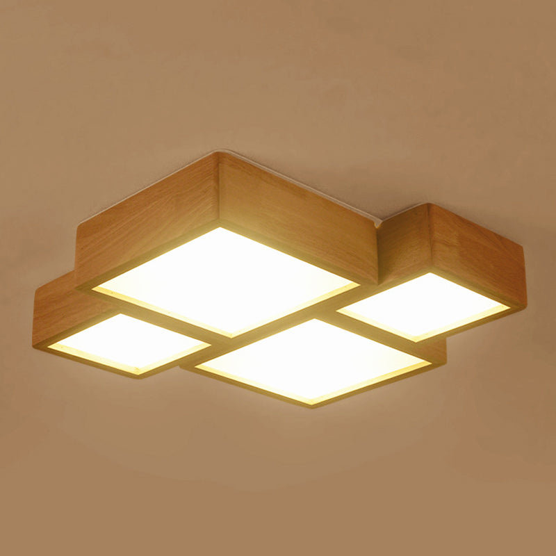 Modern Style Square Shape Flush Mount 4-Lights Wood Ceiling Light for Bedroom