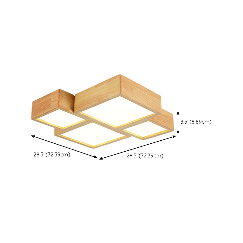 Modern Style Square Shape Flush Mount 4-Lights Wood Ceiling Light for Bedroom