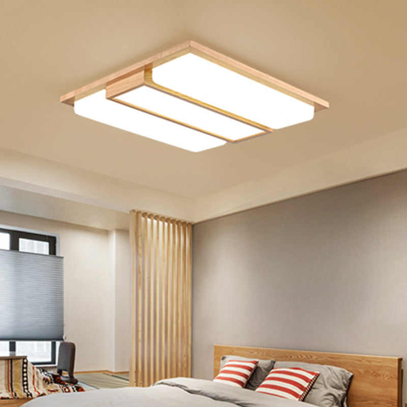 Modern Style Rectangle Shape Flush Mount 3-Lights Wood Ceiling Light for Bedroom