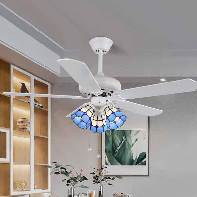 Mediterranean Style Ceiling Fan Lamp Glass Shade Ceiling Fan Light for Bedroom