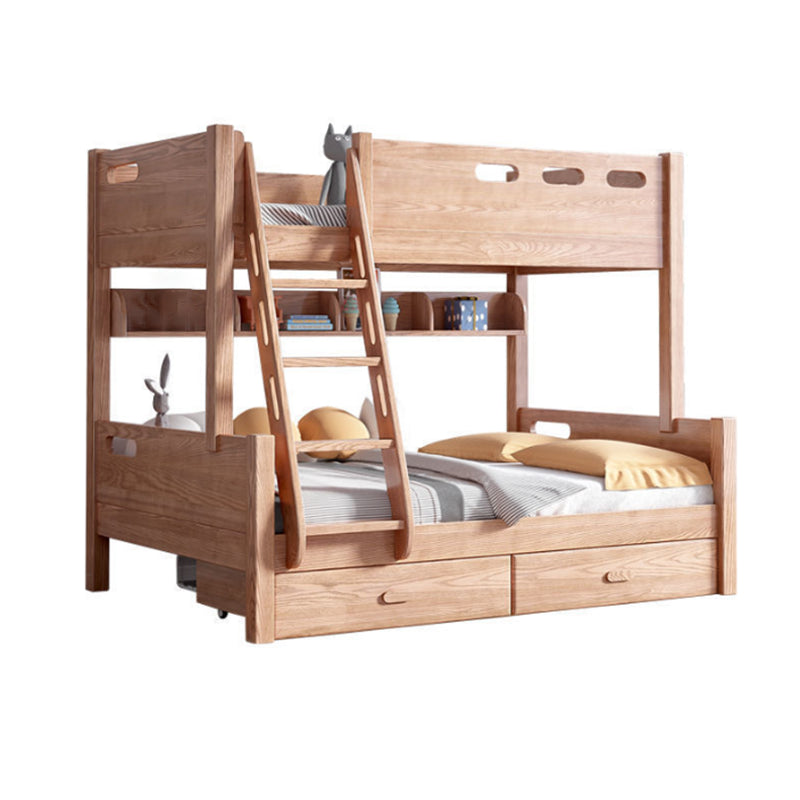 Solid Wood Bunk Bed Frame in Natural with Bookcase and 2 - Drawer